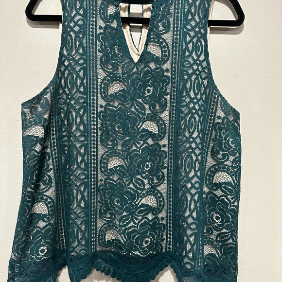 love, Fire Tops - love, Fire Dark Teal Floral Guipure Lace Top with Keyhole Back EUC